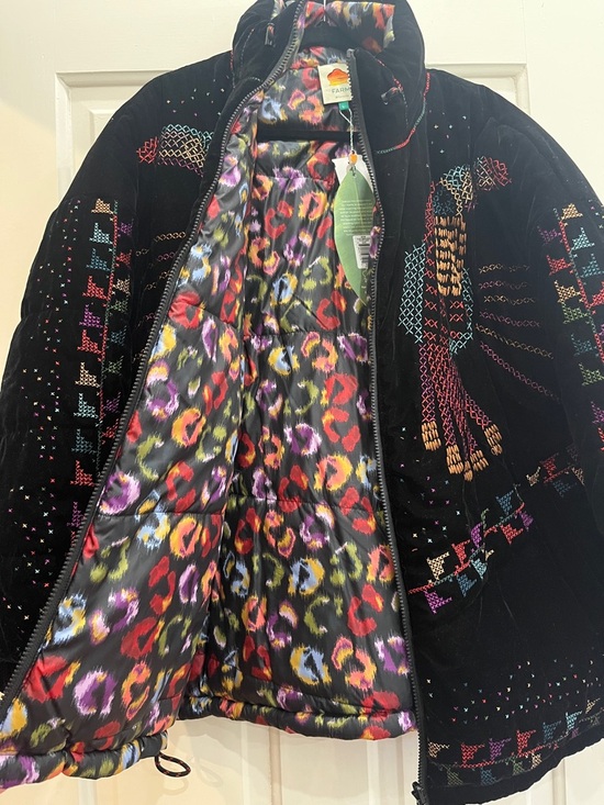 FARM Rio Jackets & Blazers - FARM Rio Black Velvet Puffer Jacket with Multicolor Leopard Lining